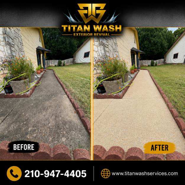 Side yard walkway before and after Titan Wash pressure washing
