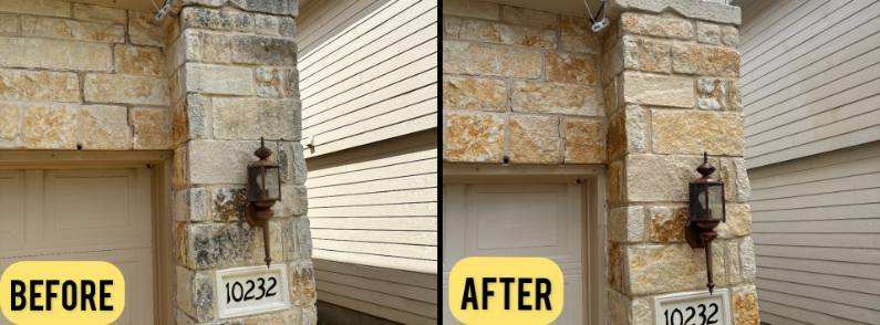 Stone garage entry before and after softwashing