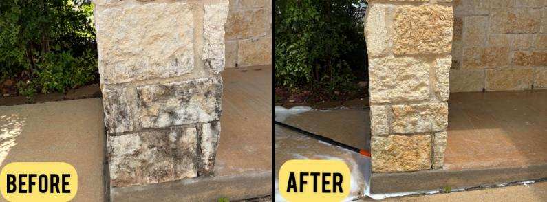 Porch stone column before and after softwashing