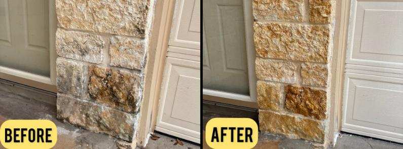 Stone entry column before and after softwashing