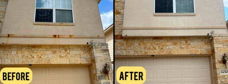 Stucco and stone garage exterior before and after softwashing